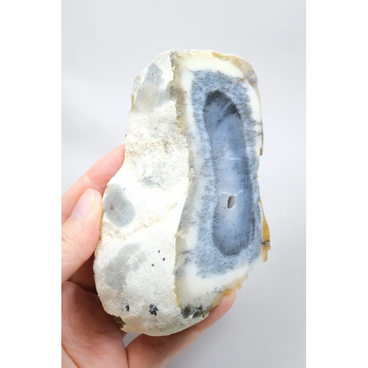 Natural Mavi & Bal Rengi Merlinite Geode Dilimi - Dendtritik Opal Kesilmiş Plaka ile Druzy Kuvars Boşluğu, 308g