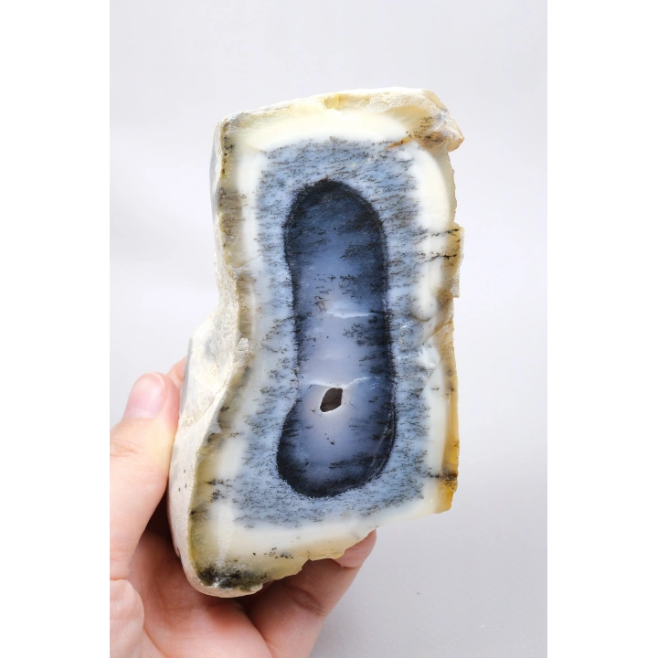 Natural Mavi & Bal Rengi Merlinite Geode Dilimi - Dendtritik Opal Kesilmiş Plaka ile Druzy Kuvars Boşluğu, 308g