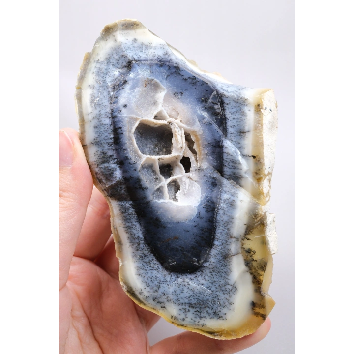 Natural Mavi & Bal Rengi Merlinite Geode Dilimi - Dendtritik Opal Kesilmiş Plaka ile Druzy Kuvars Boşluğu, 308g