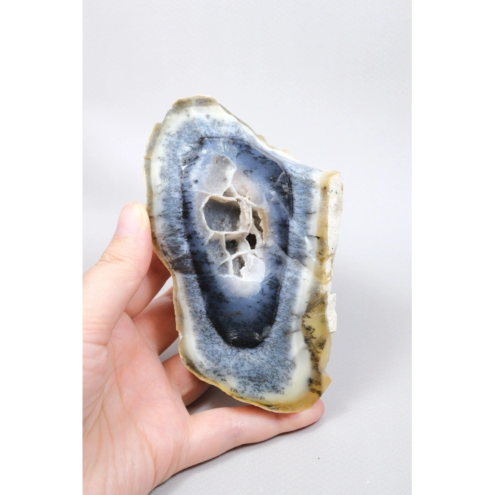 Natural Mavi & Bal Rengi Merlinite Geode Dilimi - Dendtritik Opal Kesilmiş Plaka ile Druzy Kuvars Boşluğu, 308g