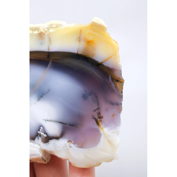 Cilalı Bal, Lila ve Gökyüzü Mavisi Merlinit / Dendritik Opal ile Siyah Dendritler, 200g