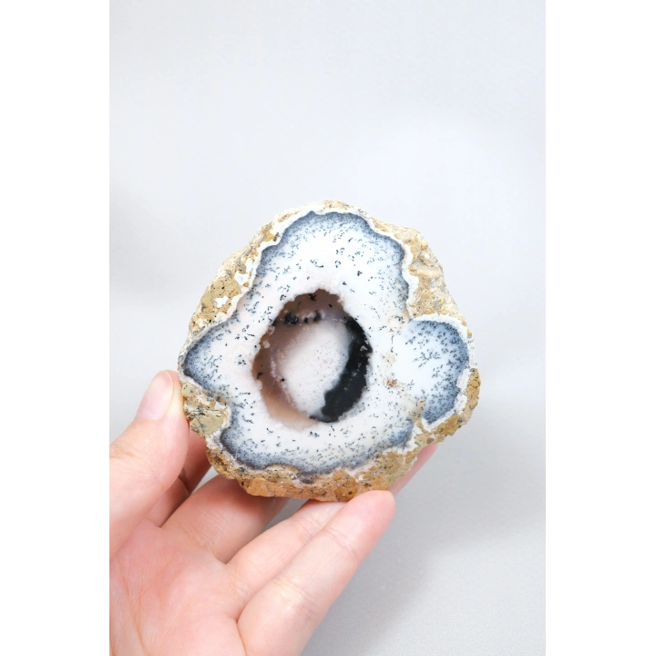 Polished Merlinite - Dendritic Opal Slab with Blue Banding & Pink Chalcedony Core, 264g