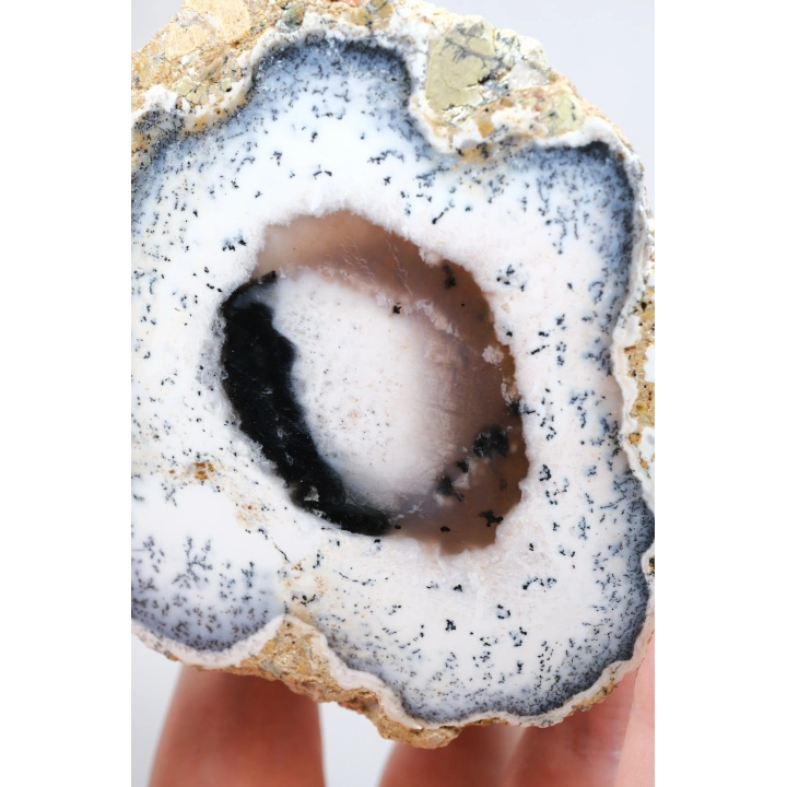 Polished Merlinite - Dendritic Opal Slab with Blue Banding & Pink Chalcedony Core, 264g