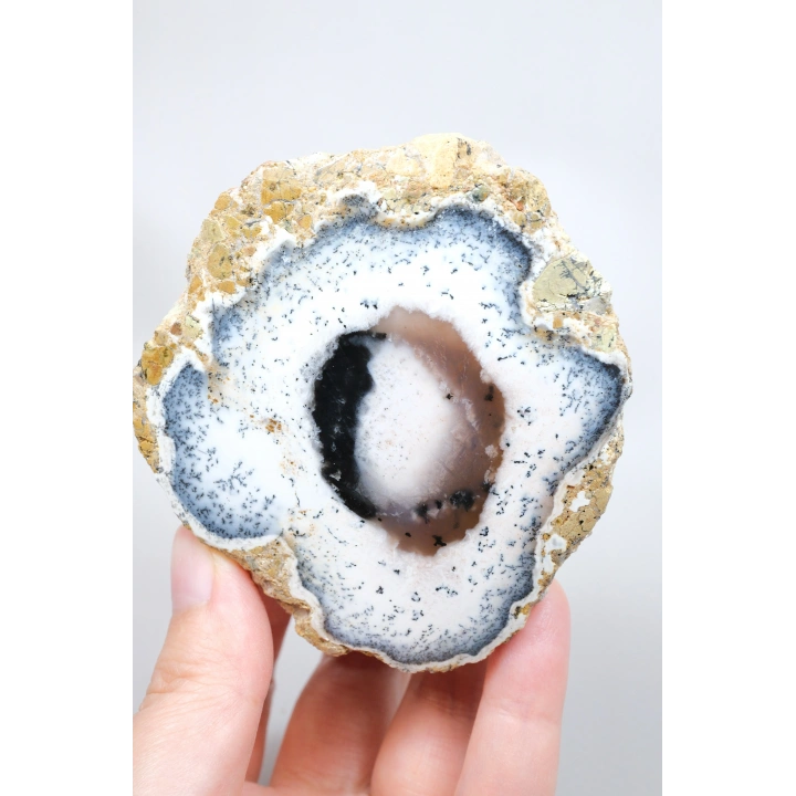 Polished Merlinite - Dendritic Opal Slab with Blue Banding & Pink Chalcedony Core, 264g