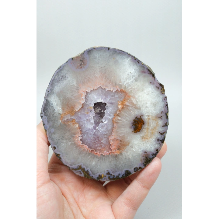 Parlatılmış Almus Akik Çifti Lavanta Mor Dantel Karadeniz Akik, Somon Pembe Kenarlı Ametist Kuvars Kristal Geode Nodülü