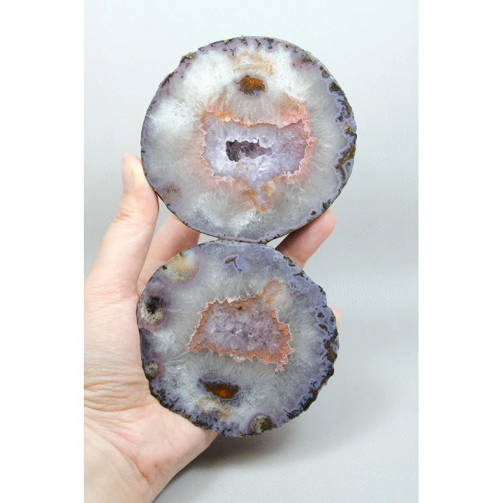 Parlatılmış Almus Akik Çifti Lavanta Mor Dantel Karadeniz Akik, Somon Pembe Kenarlı Ametist Kuvars Kristal Geode Nodülü