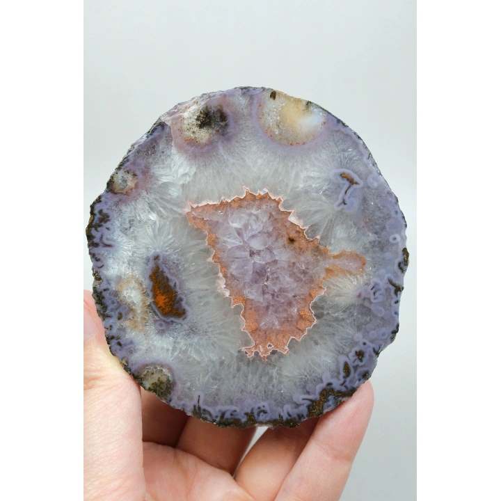 Parlatılmış Almus Akik Çifti Lavanta Mor Dantel Karadeniz Akik, Somon Pembe Kenarlı Ametist Kuvars Kristal Geode Nodülü