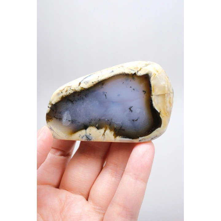 Nadir Renkli Merlinite Dilimi (İki Taraflı Cila Honey & Mavi Dendritik Opal) - Manzara Koleksiyon Taşı Numunesi (65g)