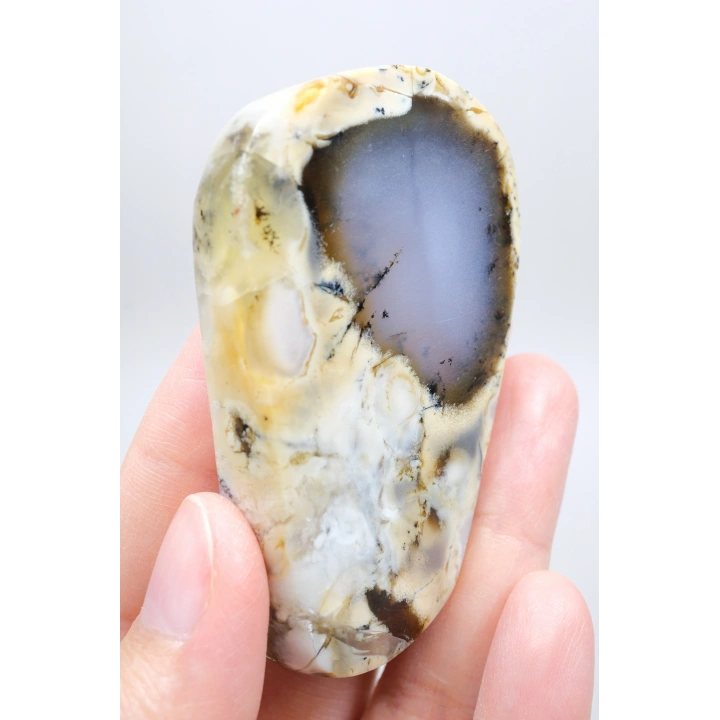 Nadir Renkli Merlinite Dilimi (İki Taraflı Cila Honey & Mavi Dendritik Opal) - Manzara Koleksiyon Taşı Numunesi (65g)