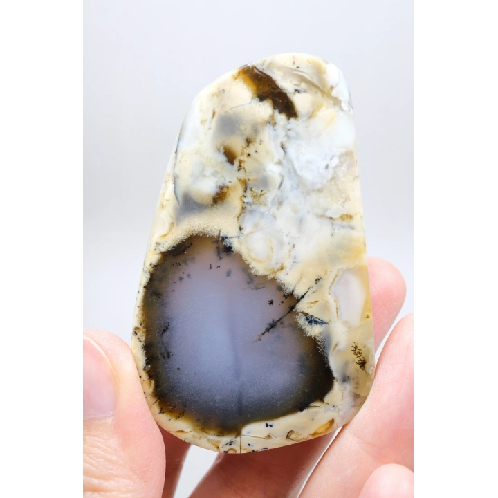 Nadir Renkli Merlinite Dilimi (İki Taraflı Cila Honey & Mavi Dendritik Opal) - Manzara Koleksiyon Taşı Numunesi (65g)