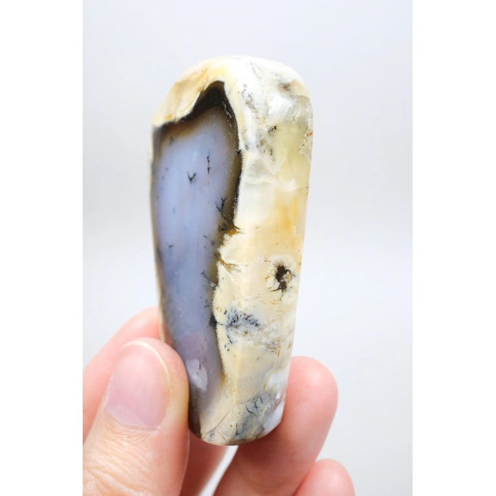 Nadir Renkli Merlinite Dilimi (İki Taraflı Cila Honey & Mavi Dendritik Opal) - Manzara Koleksiyon Taşı Numunesi (65g)
