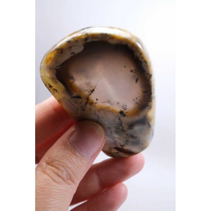 Nadir Renkli Merlinite Dilimi (İki Taraflı Cila Honey & Mavi Dendritik Opal) - Manzara Koleksiyon Taşı Numunesi (65g)