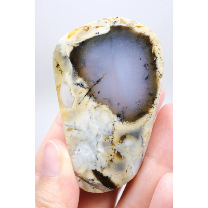 Nadir Renkli Merlinite Dilimi (İki Taraflı Cila Honey & Mavi Dendritik Opal) - Manzara Koleksiyon Taşı Numunesi (65g)