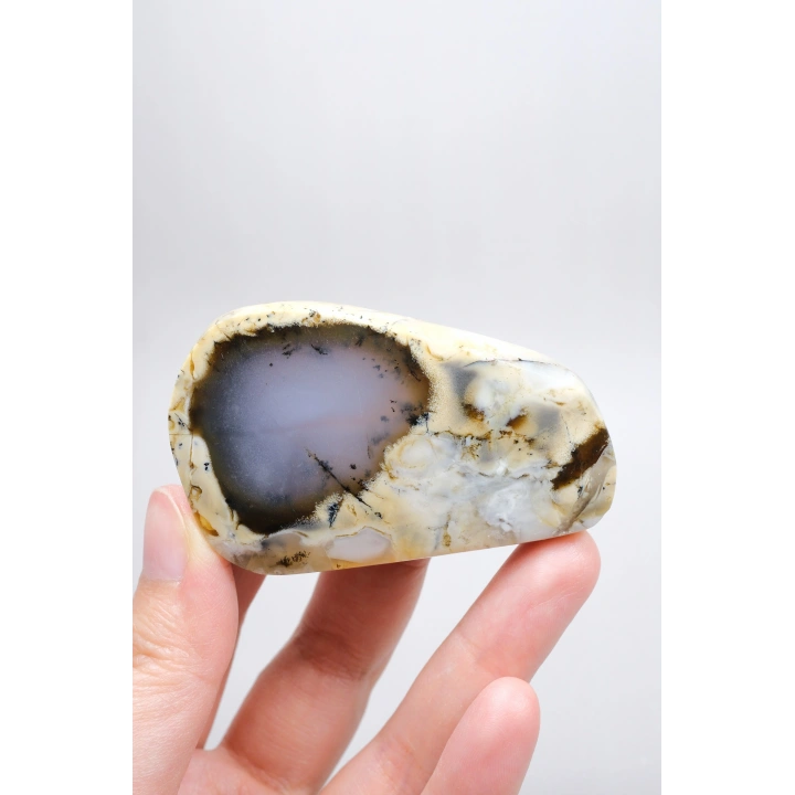 Nadir Renkli Merlinite Dilimi (İki Taraflı Cila Honey & Mavi Dendritik Opal) - Manzara Koleksiyon Taşı Numunesi (65g)