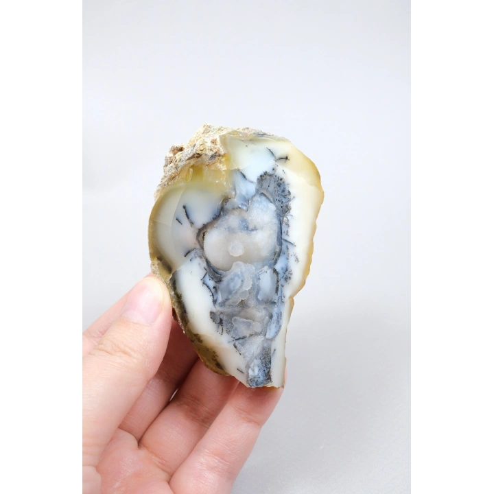 粗糙的梅林岩/有树枝状状玛瑙，带有淡蓝色水晶核，154克