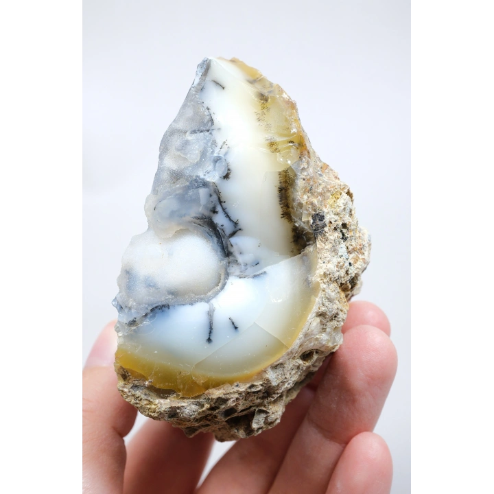 粗糙的梅林岩/有树枝状状玛瑙，带有淡蓝色水晶核，154克