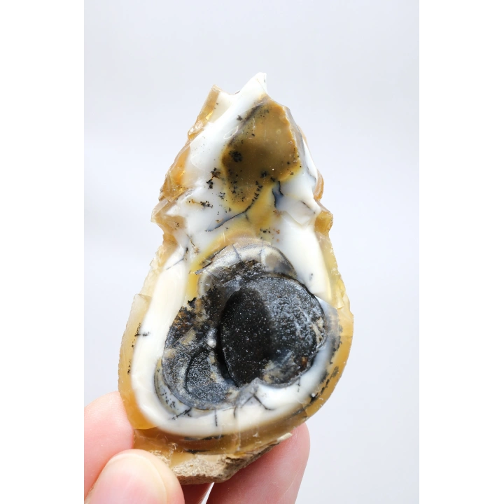 小黄色树枝状蛋白石晶洞，具有自然“眼睛”形态和黑色晶核，41克