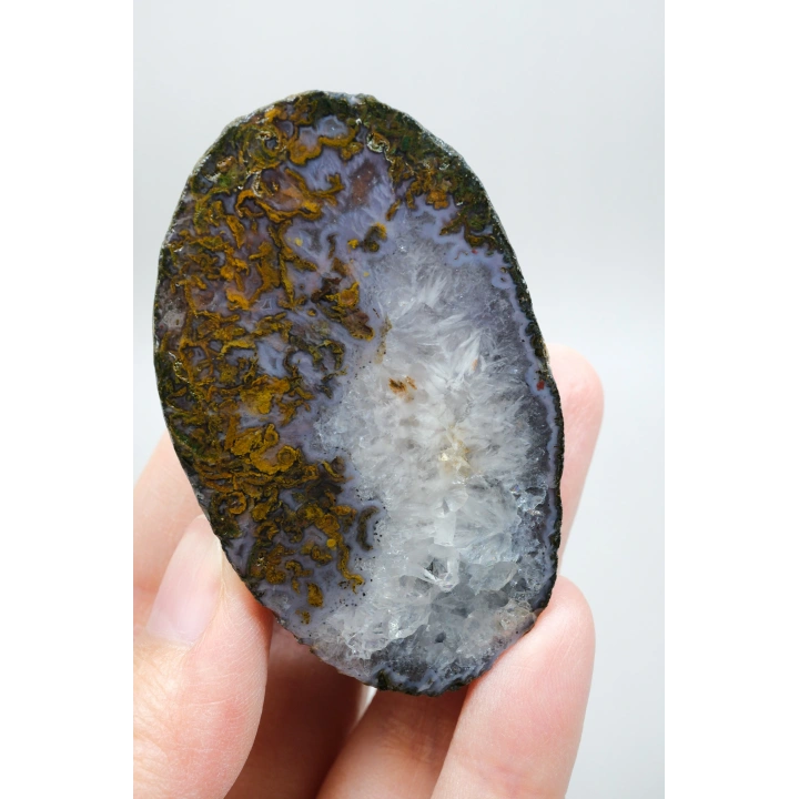 Soft Lavender Purple Band and Mustard Yellow Plume Agate with Quartz, 129g