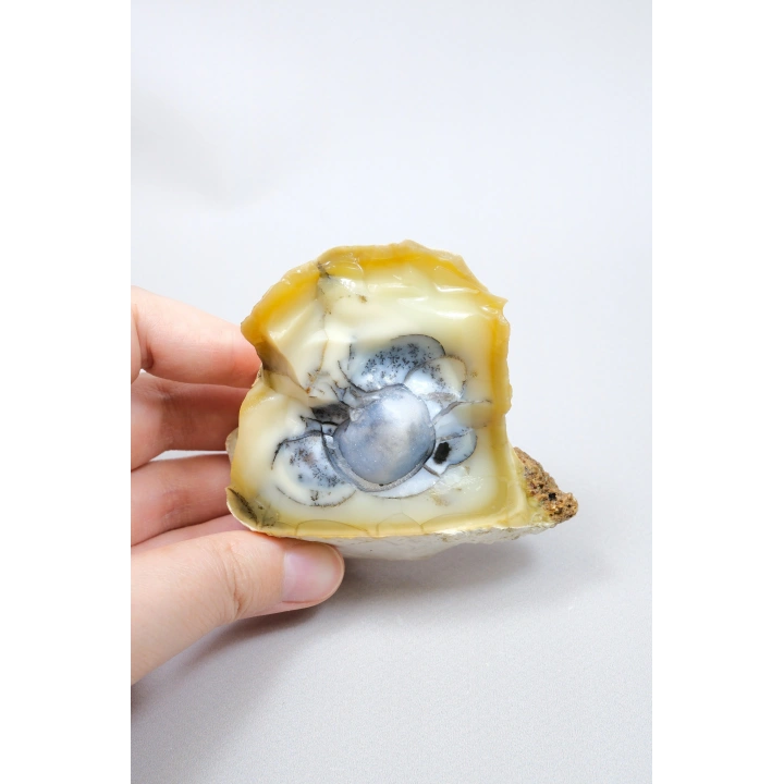 Sarı Dendritik Opal Dendritik Opal Jeotu, Doğal Göz Oluşumu ve Mavi Druzy Çekirdek, 155g