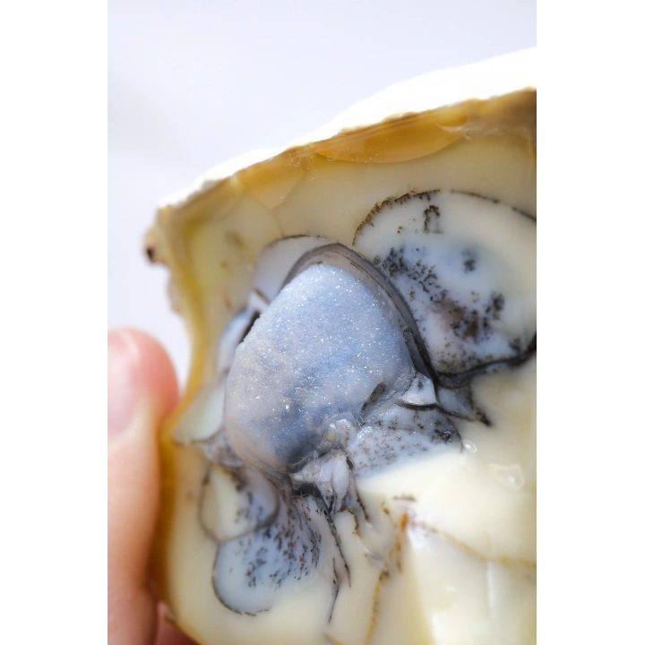 Sarı Dendritik Opal Dendritik Opal Jeotu, Doğal Göz Oluşumu ve Mavi Druzy Çekirdek, 155g