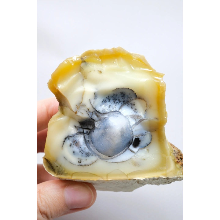 Sarı Dendritik Opal Dendritik Opal Jeotu, Doğal Göz Oluşumu ve Mavi Druzy Çekirdek, 155g