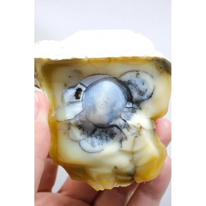 Sarı Dendritik Opal Dendritik Opal Jeotu, Doğal Göz Oluşumu ve Mavi Druzy Çekirdek, 155g