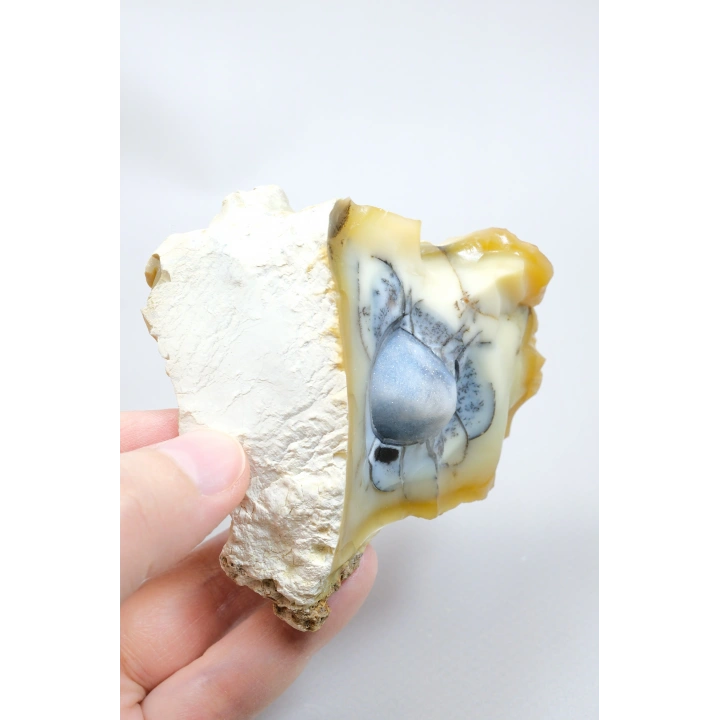 Sarı Dendritik Opal Dendritik Opal Jeotu, Doğal Göz Oluşumu ve Mavi Druzy Çekirdek, 155g