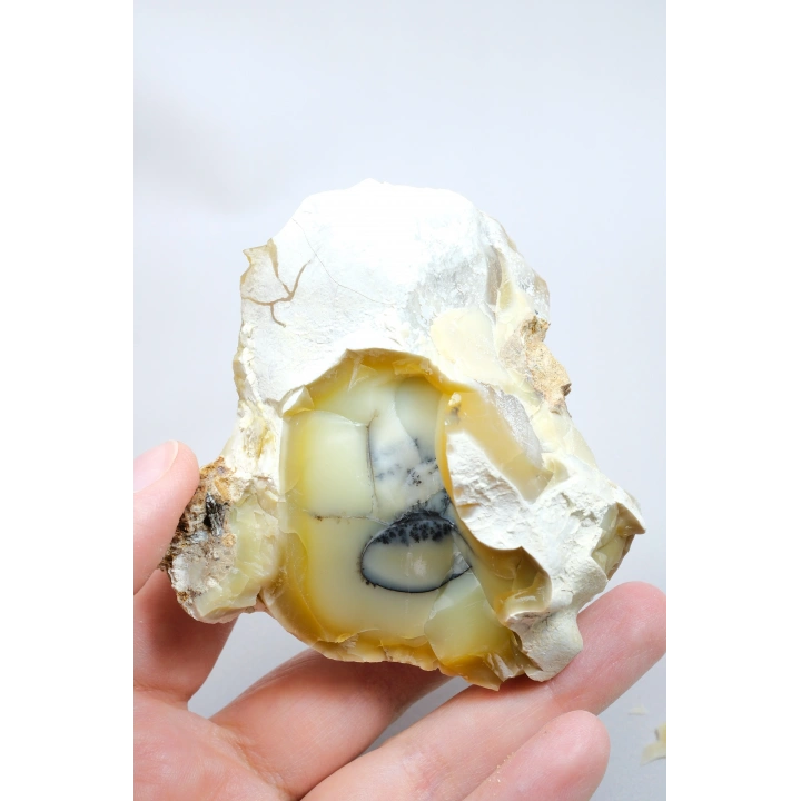 Sarı Dendritik Opal Dendritik Opal Jeotu, Doğal Göz Oluşumu ve Mavi Druzy Çekirdek, 155g