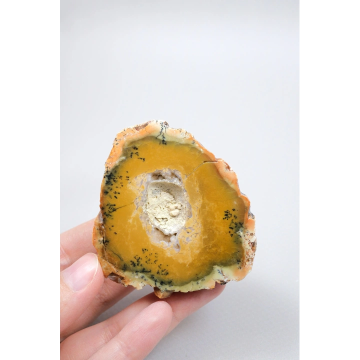 Sarı Merlinit Jeot – Hardal ve Zeytin Dendritik Opal ile Orta Kısmında Druzy Boşluk, 117g