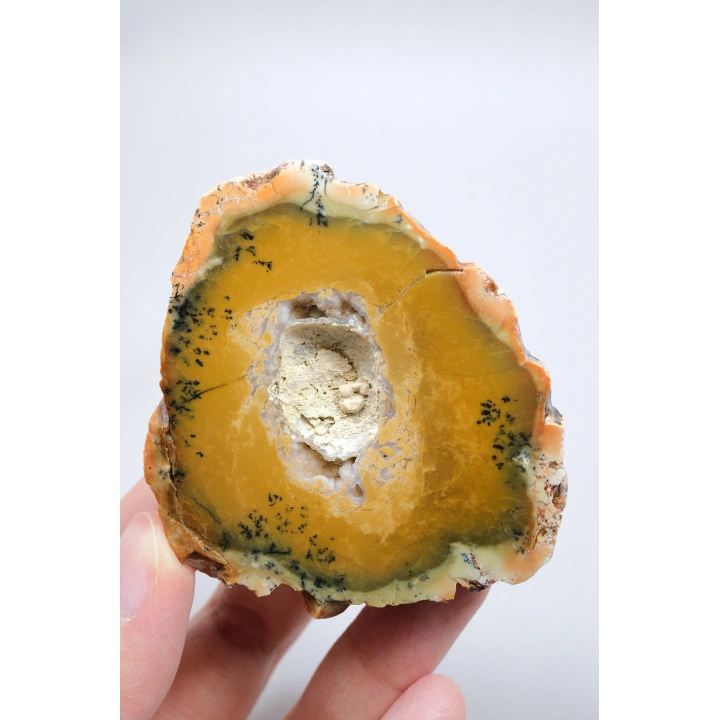 Sarı Merlinit Jeot – Hardal ve Zeytin Dendritik Opal ile Orta Kısmında Druzy Boşluk, 117g