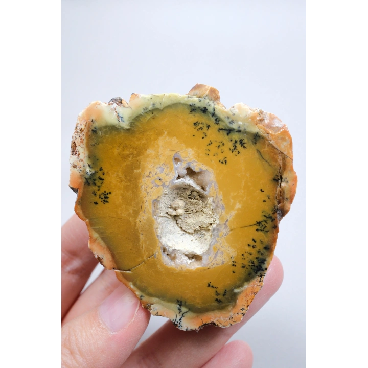Sarı Merlinit Jeot – Hardal ve Zeytin Dendritik Opal ile Orta Kısmında Druzy Boşluk, 117g