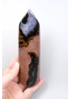 Mor Ametist Akik Kule Noktası, Siyah Çizgili ve Mor Druzy ile Cilalanmış Obelisk, 223g