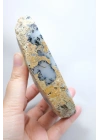 Kararsız buz mavisi, süt beyazı ve kömür siyahı Dendritik Opal Serbest Form Yarım, 479g