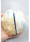 Büyük Cilalı Mavi Merlinite Jeyot Çifti - Yarı Saydam Buz Mavisi Çekirdek ile Beyaz Hâlo ve Kuvars Boşluğu, 652g