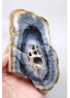 Natural Mavi & Bal Rengi Merlinite Geode Dilimi - Dendtritik Opal Kesilmiş Plaka ile Druzy Kuvars Boşluğu, 308g