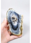 Natural Mavi & Bal Rengi Merlinite Geode Dilimi - Dendtritik Opal Kesilmiş Plaka ile Druzy Kuvars Boşluğu, 308g