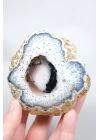 Polished Merlinite - Dendritic Opal Slab with Blue Banding & Pink Chalcedony Core, 264g