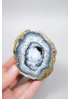 Polished Merlinite Geode - Opale Dendritique avec Bande Bleue & Cavité Centrale Druzy, 194g