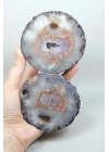 Parlatılmış Almus Akik Çifti Lavanta Mor Dantel Karadeniz Akik, Somon Pembe Kenarlı Ametist Kuvars Kristal Geode Nodülü
