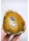 Sarı Merlinit Jeot – Hardal ve Zeytin Dendritik Opal ile Orta Kısmında Druzy Boşluk, 117g