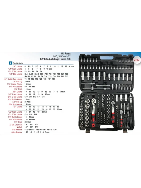 173 Parça 1/2 3/8 1/4 Cr-V Lokma Seti