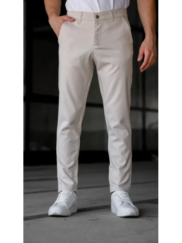 Erkek Slim Fit Bej Keten Pantolon