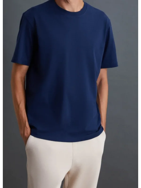 Erkek %100 Organik Pamuklu Kalın Dokulu Comfort Fit Bisiklet Yakalı Lacivert T-shirt