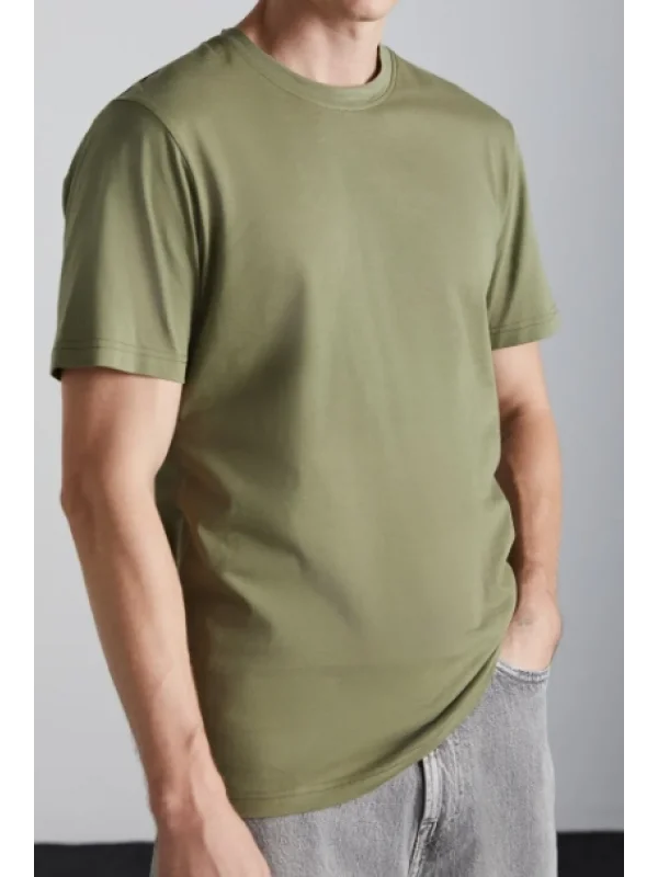 Erkek %100 Organik Pamuklu Kalın Dokulu Comfort Fit Bisiklet Yakalı Haki T-shirt