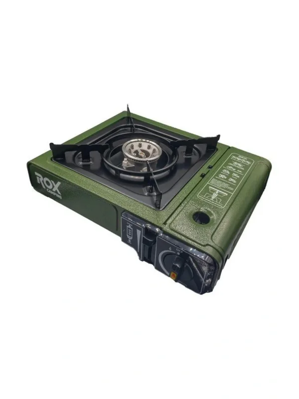 Rox Camping 0188 Tekli Portatif Kamp Ocak - Haki Yeşil, Rüzgarlıklı, Ekstra Gaz Girişli