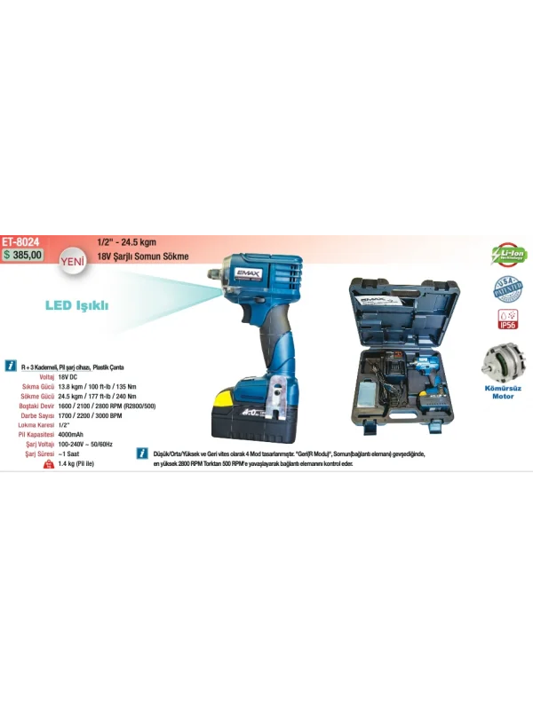 Emax Şarjlı Somun Sökme Makinesi 1/2 - 24.5 Kgm 18V