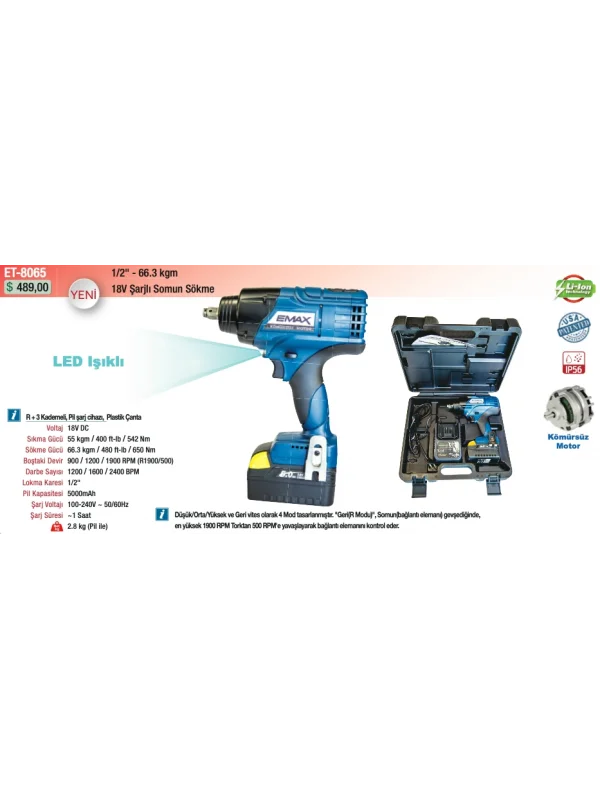 Emax Şarjlı Somun Sökme Makinesi 1/2 - 66.3 Kgm 18V