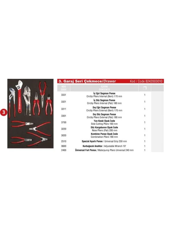 GARAJ DOLAP 3. ÇEKMECE İÇİ 10 PARÇA