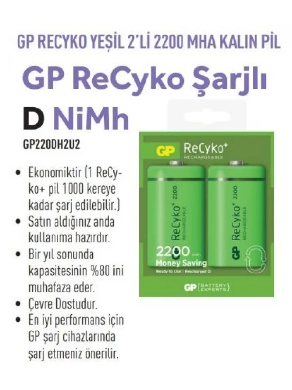 GP220DH2U2 RECYKO YEŞİL 2Lİ 2200 MHA KALIN PİL