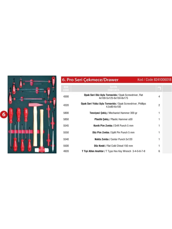 PRO DOLAP 6. ÇEKMECE İÇİ 18 PARÇA